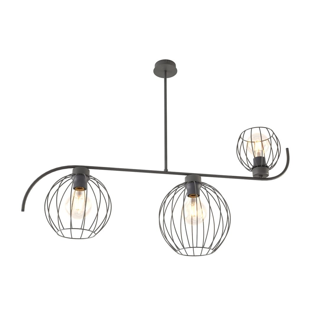 Lampa sufitowa Echo z trzema oprawami na żarówki E27, w kolorze czarnym. Metalowa konstrukcja z siatkowymi kloszami w kształcie kul, zawieszona na długim wysięgniku. Ułożona w poziomie, idealna do nowoczesnych wnętrz.