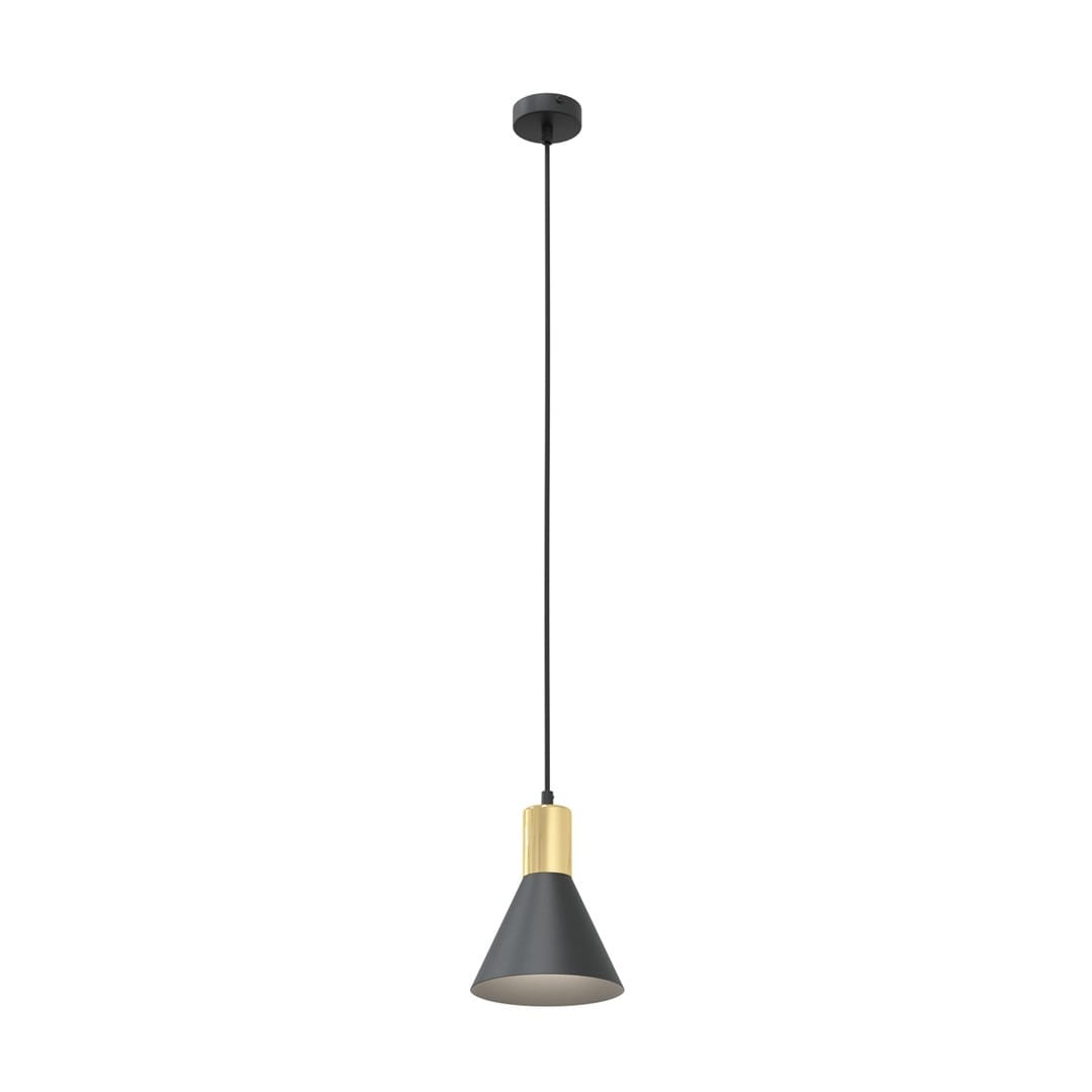 Lampa wisząca Rosa 1xE27 w kolorze czarnym i złotym, o stożkowym kształcie. Ujęcie frontalne, zawieszona na cienkim przewodzie. Wnętrze klosza w jasnym odcieniu, metalowe wykończenie. Prosty, nowoczesny design, idealna do różnych wnętrz.