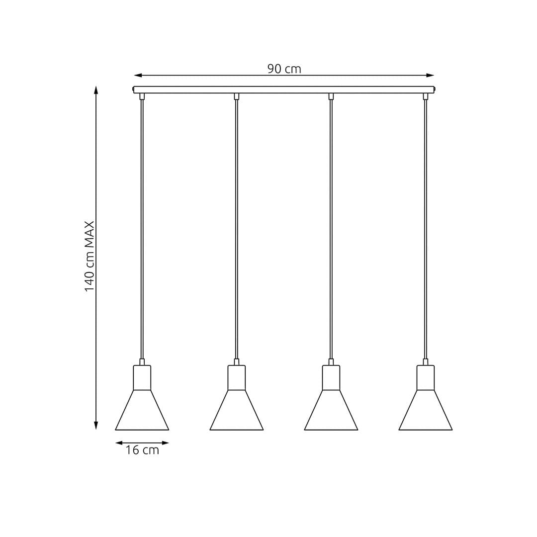 Lampa wisząca Rosa w kolorze czarnym i złotym z czterema kloszami w kształcie stożka. Wymiary: długość 90 cm, wysokość maksymalna 140 cm, średnica kloszy 16 cm. Produkt zawiesza się na cienkich linkach, oferując nowoczesny wygląd.