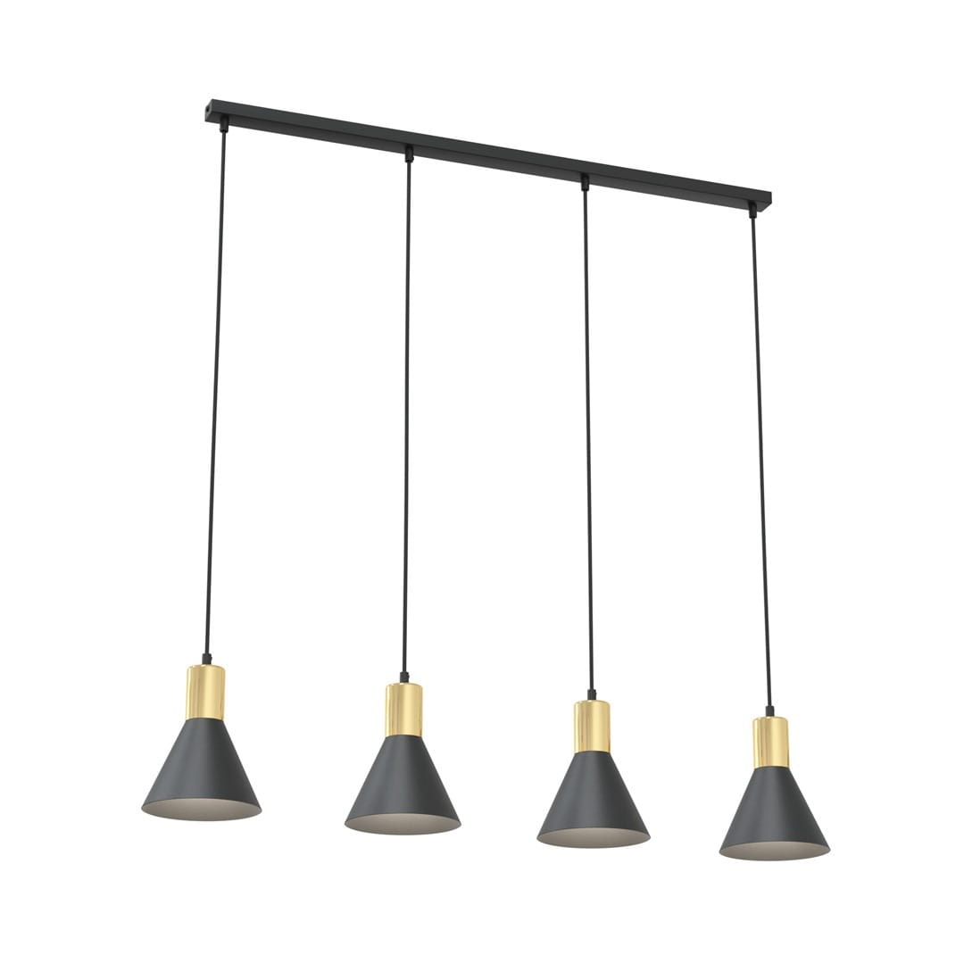 Lampa wisząca Rosa z czterema kloszami w kształcie stożka, w kolorze czarnym z złotymi detalami. Klosze zawieszone na cienkich przewodach, montowane na prostokątnej podstawie. Wymiary i detale nie są podane.