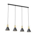 Lampa wisząca Rosa z czterema kloszami w kształcie stożka, w kolorze czarnym z złotymi detalami. Klosze zawieszone na cienkich przewodach, montowane na prostokątnej podstawie. Wymiary i detale nie są podane.