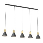 Lampa wisząca Rosa z pięcioma kloszami w kolorze czarnym i złotym. Klosze mają stożkowy kształt, zawieszone na cienkich linkach. Całość montowana do sufitu na prostokątnej podstawie. Idealna do nowoczesnych wnętrz.