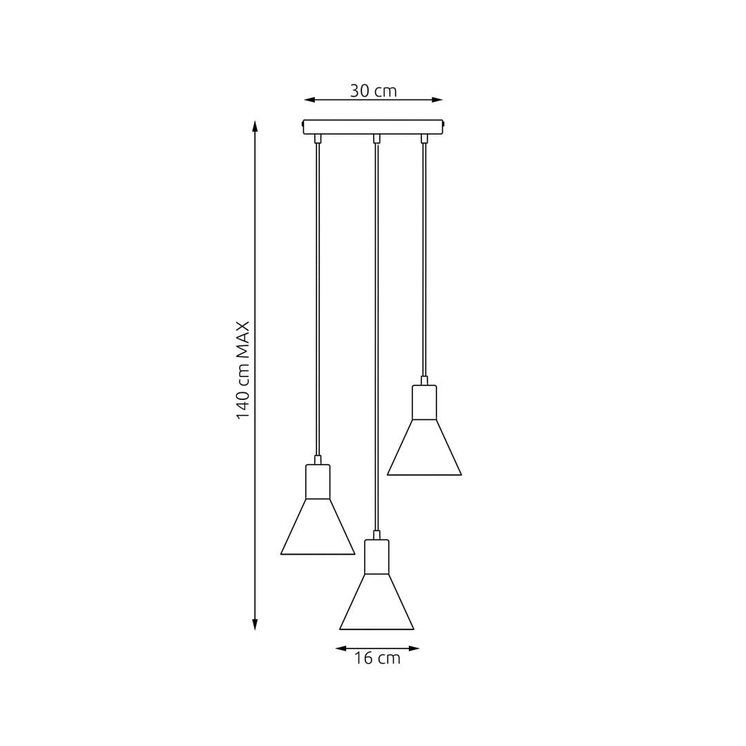 Lampa wisząca Rosa 3xE27 w kolorze czarnym i złotym, z trzema kloszami w kształcie stożków. Wymiary: szerokość 30 cm, wysokość maksymalna 140 cm, klosze o średnicy 16 cm. Zawieszona na trzech linkach, montowana sufitowo.