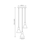 Lampa wisząca Rosa 3xE27 w kolorze czarnym i złotym, z trzema kloszami w kształcie stożków. Wymiary: szerokość 30 cm, wysokość maksymalna 140 cm, klosze o średnicy 16 cm. Zawieszona na trzech linkach, montowana sufitowo.