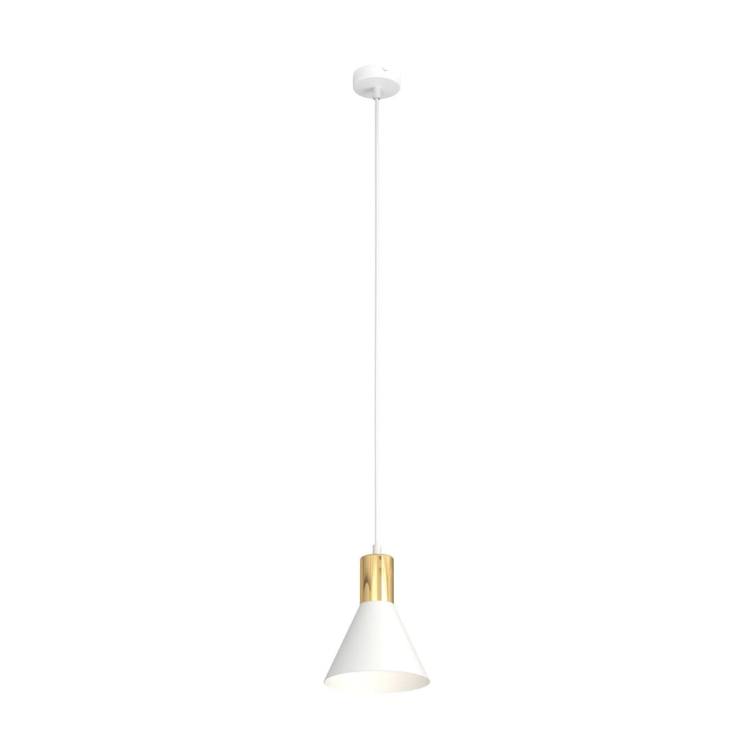 Lampa wisząca Rosa 1xE27 w kolorze białym z metalowym złotym wykończeniem. Ma kształt stożka, zawieszona na cienkim przewodzie, z białym kloszem i złotą podstawą. Umieszczona na jednolitym tle, co podkreśla jej elegancki design.