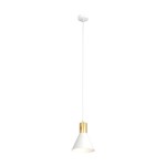 Lampa wisząca Rosa 1xE27 w kolorze białym z metalowym złotym wykończeniem. Ma kształt stożka, zawieszona na cienkim przewodzie, z białym kloszem i złotą podstawą. Umieszczona na jednolitym tle, co podkreśla jej elegancki design.