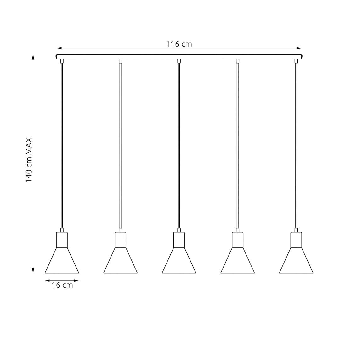Lampa wisząca Rosa w kolorze białym i złotym, z pięcioma kloszami w kształcie stożka. Wymiary: szerokość 116 cm, maksymalna wysokość 140 cm, klosze o średnicy 16 cm. Wyposażona w pięć gniazd E27. Ułożona poziomo, idealna do nowoczesnych wnętrz.