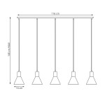 Lampa wisząca Rosa w kolorze białym i złotym, z pięcioma kloszami w kształcie stożka. Wymiary: szerokość 116 cm, maksymalna wysokość 140 cm, klosze o średnicy 16 cm. Wyposażona w pięć gniazd E27. Ułożona poziomo, idealna do nowoczesnych wnętrz.