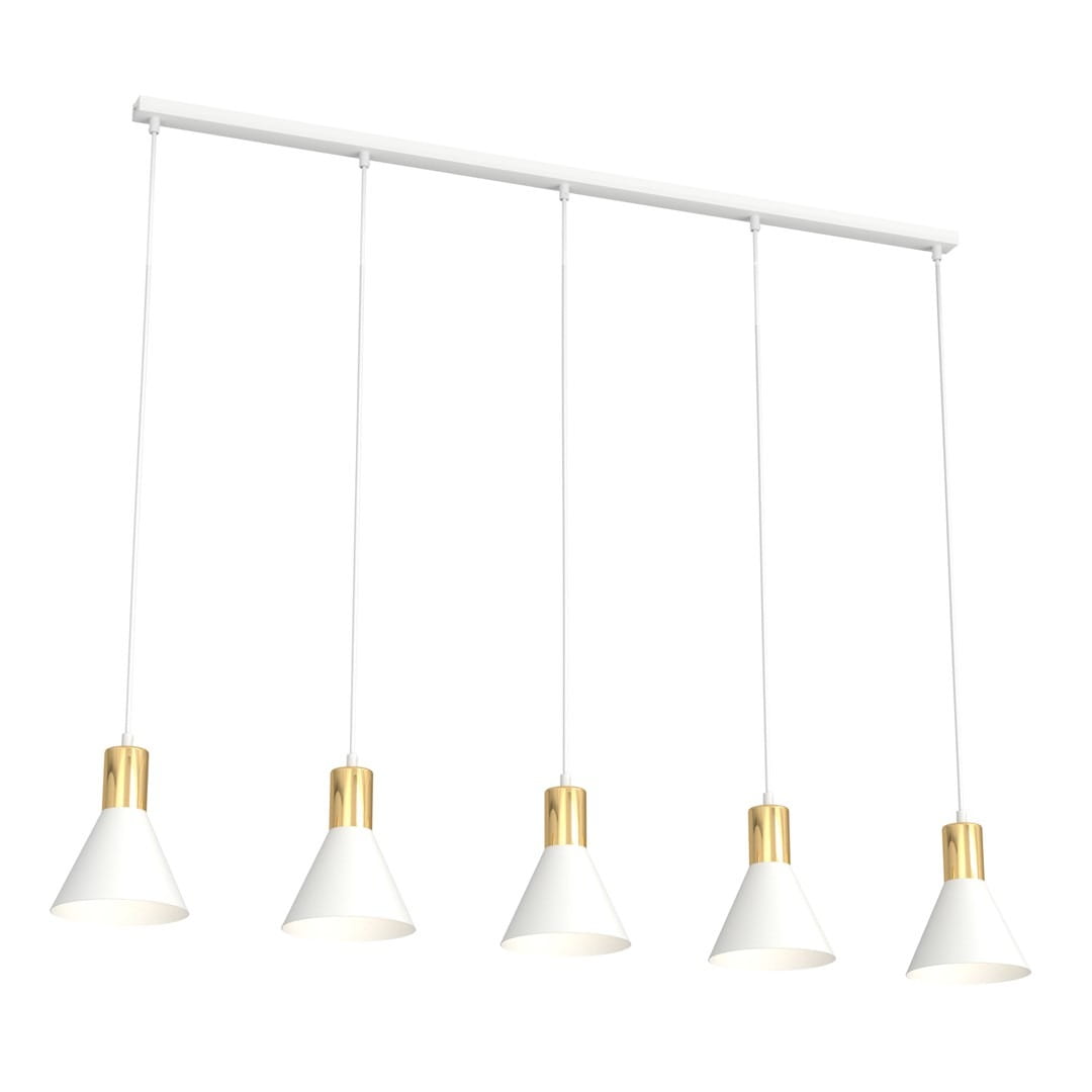 Lampa wisząca Rosa z pięcioma kloszami w kształcie stożków, biała z metalowymi złotymi elementami. Zawieszona na białym stelażu, z równą odległością między kloszami. Idealna do nowoczesnych wnętrz.