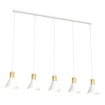 Lampa wisząca Rosa z pięcioma kloszami w kształcie stożków, biała z metalowymi złotymi elementami. Zawieszona na białym stelażu, z równą odległością między kloszami. Idealna do nowoczesnych wnętrz.