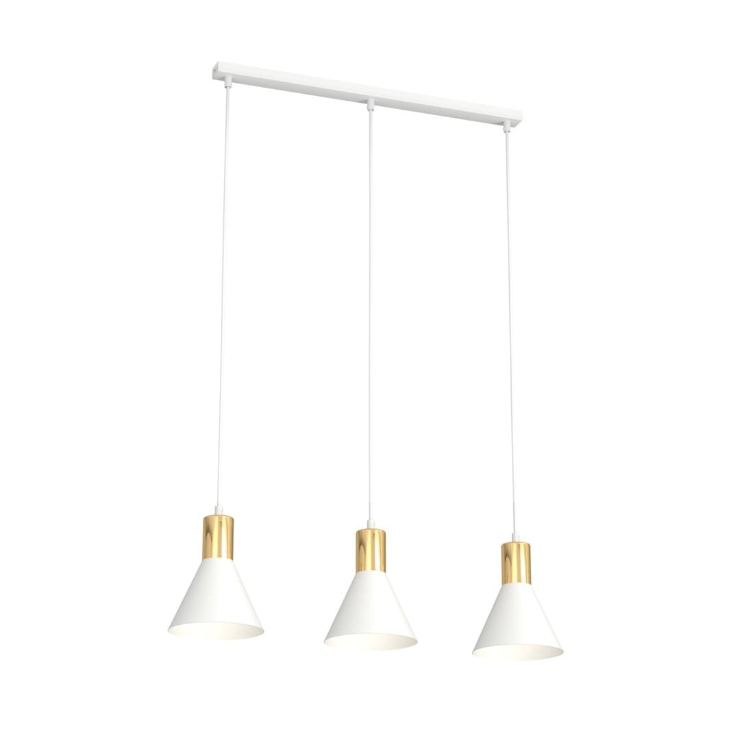 Lampa wisząca Rosa z trzema kloszami w kształcie stożka, biała z metalicznymi złotymi detalami. Utrzymana na prostokątnej białej podsufitce, zwisająca na cienkich kablach, idealna do nowoczesnych wnętrz.