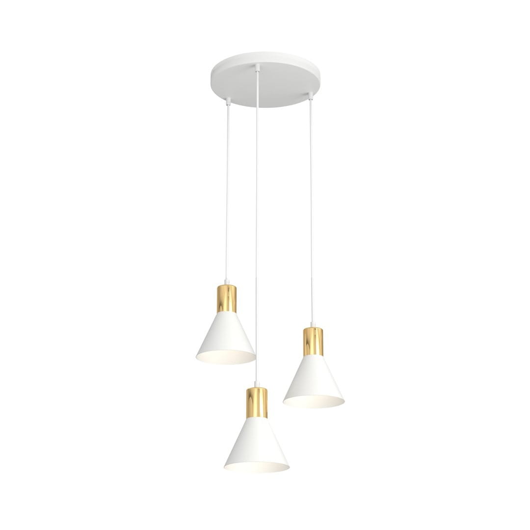 Lampa wisząca Rosa z trzema kloszami w kształcie stożka, biała z metalowymi złotymi detalami, zawieszona na cienkich linkach. Utrzymana w nowoczesnym stylu, montowana do sufitu.