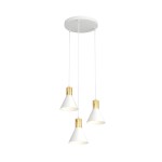 Lampa wisząca Rosa z trzema kloszami w kształcie stożka, biała z metalowymi złotymi detalami, zawieszona na cienkich linkach. Utrzymana w nowoczesnym stylu, montowana do sufitu.