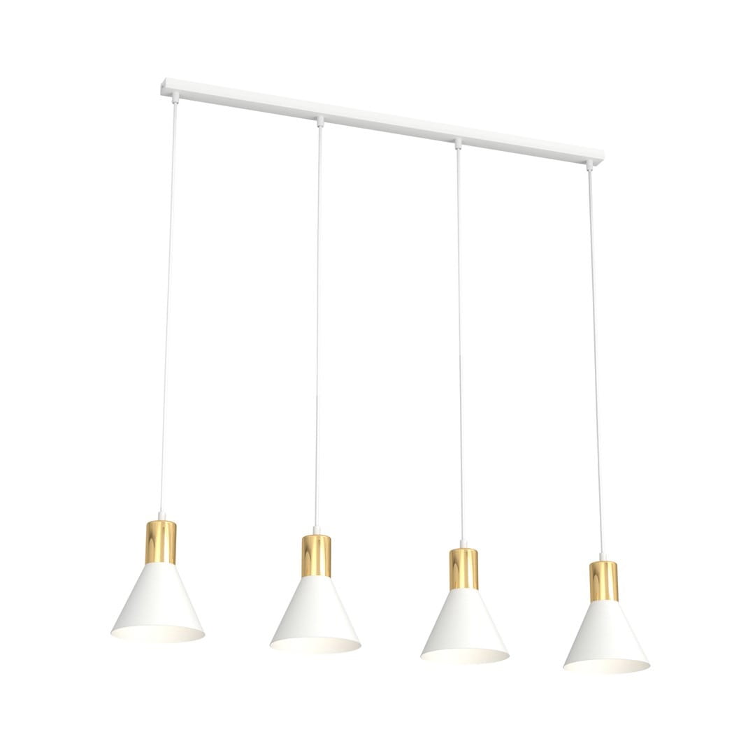 Lampa wisząca Rosa z czterema kloszami E27 w kolorze białym z metalicznymi złotymi detalami. Klosze w kształcie stożka zwisają na białych przewodach z prostokątnej podstawy. Proste, nowoczesne wzornictwo na białym tle.