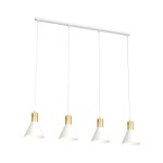 Lampa wisząca Rosa z czterema kloszami E27 w kolorze białym z metalicznymi złotymi detalami. Klosze w kształcie stożka zwisają na białych przewodach z prostokątnej podstawy. Proste, nowoczesne wzornictwo na białym tle.