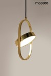Lampa wisząca Spinner 19, złota, z jedną żarówką LED 7W. Ma nowoczesny, owalny kształt z wystającym kloszem, zawieszona na czarnym przewodzie. Tło w jasnym odcieniu, co podkreśla elegancki design.
