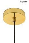 Lampa wisząca Spinner 19, złota, z jedną diodą LED 7W. Ujęcie z dołu, pokazujące okrągły, błyszczący, metalowy sufitowy element mocujący oraz czarny przewód. Prosta konstrukcja, idealna do nowoczesnych wnętrz.
