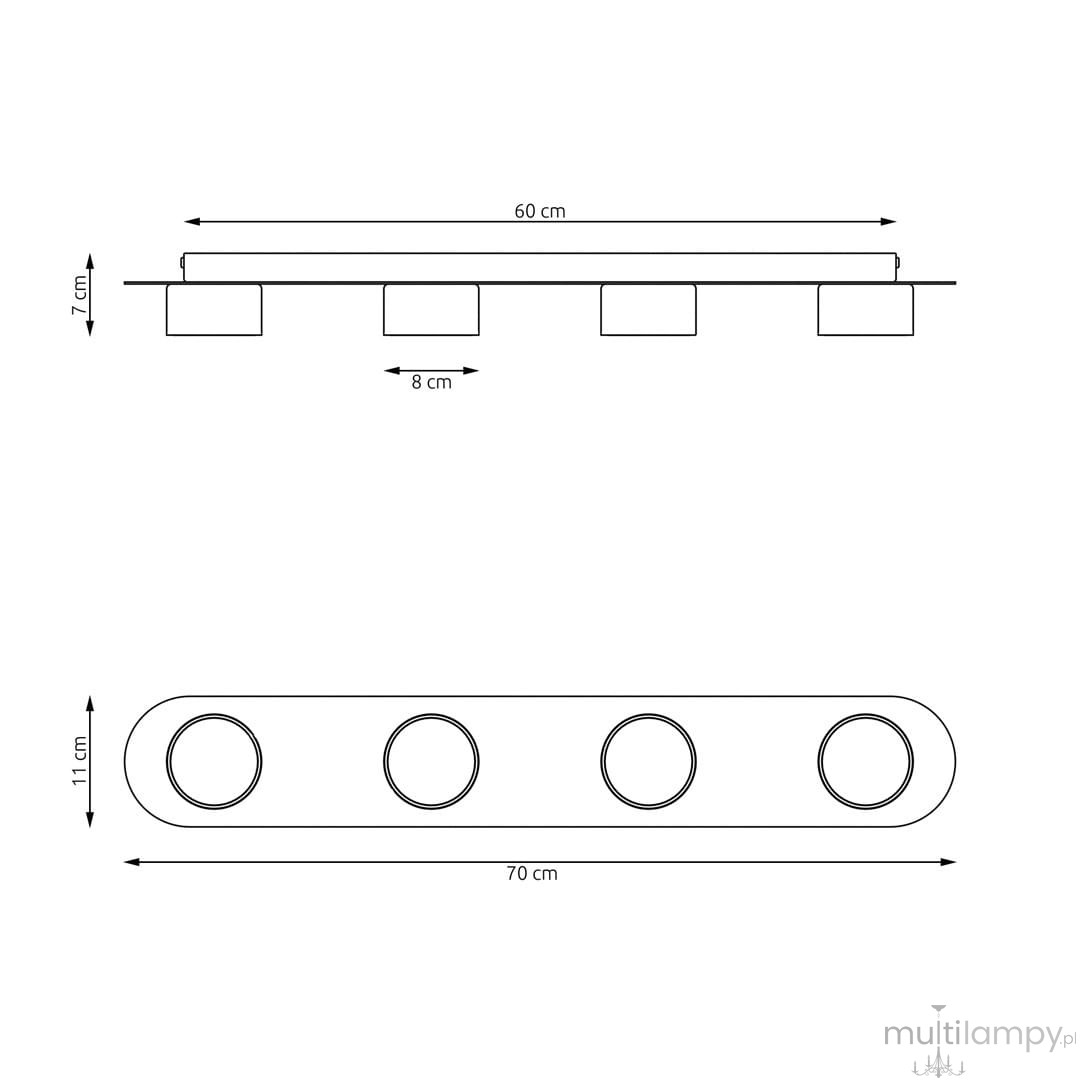 Czarna lampa sufitowa Diaz z czterema oprawkami GX53. Wymiary: długość 60 cm, szerokość 8 cm, wysokość 7 cm. Prosty, prostokątny kształt z okrągłymi miejscami na źródła światła. Produkt montowany na suficie, idealny do nowoczesnych wnętrz.