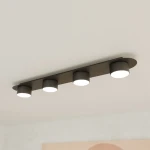 Czarna lampa sufitowa Diaz z czterema okrągłymi kloszami GX53, zamontowana na prostokątnej podstawie. Klosze emitują białe światło, a całość jest zamocowana równolegle do sufitu, na jasnym tle.