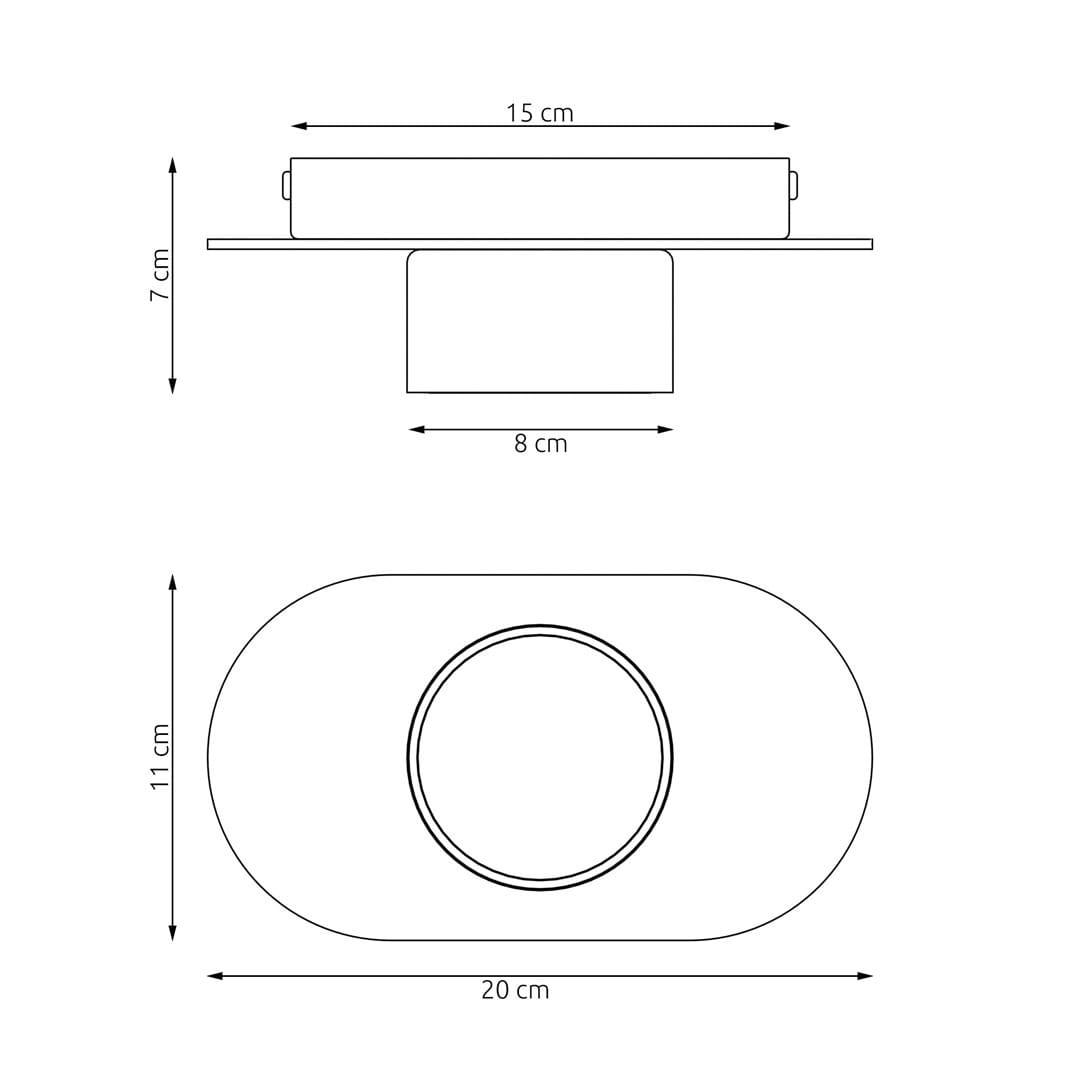 Czarna lampa sufitowa Diaz z drewnianym akcentem, o wymiarach 20 cm długości, 11 cm szerokości i 7 cm wysokości. Okrągłe miejsce na żarówkę GX53, zamontowana na płaskim elemencie. Prosty, nowoczesny design.