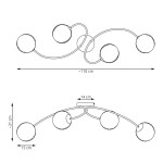 Lampa sufitowa Vibra czarna z opalowymi kulami, 4xE14. Kształt falisty o długości ok. 110 cm i wysokości 31 cm, zamontowana na prostokątnej podstawie 14 cm. Widywane elementy: czarne przewody oraz opalowe klosze.