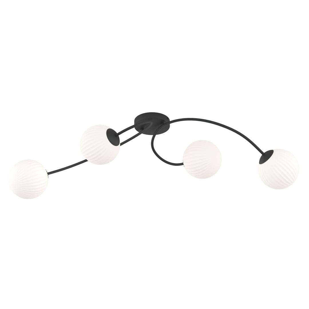 Czarna lampa sufitowa Vibra z czterema opalowymi kloszami E14. Klosze mają teksturowaną powierzchnię i są umieszczone na zakrzywionych ramionach. Lampa montowana do sufitu, prezentująca nowoczesny design.