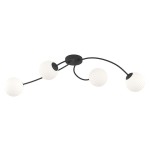 Czarna lampa sufitowa Vibra z czterema opalowymi kloszami E14. Klosze mają teksturowaną powierzchnię i są umieszczone na zakrzywionych ramionach. Lampa montowana do sufitu, prezentująca nowoczesny design.