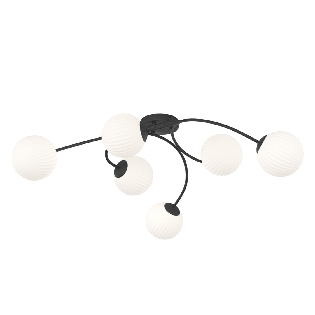 Lampa sufitowa Vibra z sześcioma źródłami światła E14, w kolorze czarnym z opalowymi kloszami. Klosze w formie okrągłych kul z teksturowaną powierzchnią, umieszczone na elastycznych ramionach, zamocowana na okrągłej podstawie.