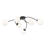 Lampa sufitowa Vibra z sześcioma źródłami światła E14, w kolorze czarnym z opalowymi kloszami. Klosze w formie okrągłych kul z teksturowaną powierzchnią, umieszczone na elastycznych ramionach, zamocowana na okrągłej podstawie.