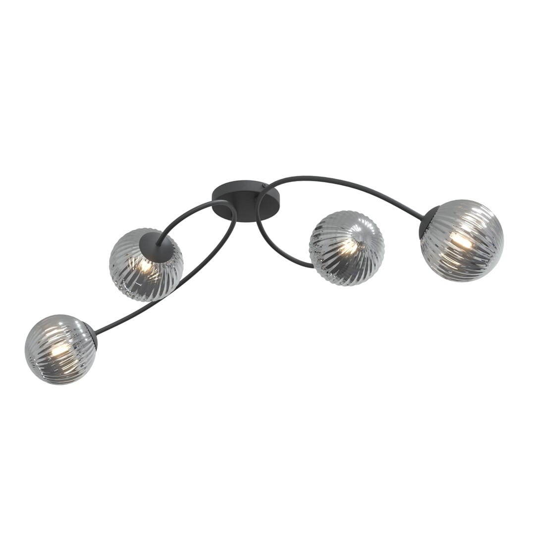 Lampa sufitowa Vibra z czterema żarówkami E14, w kolorze czarnym i grafitowym. Posiada okrągły, centralny uchwyt oraz cztery kuliste klosze z przezroczystego szkła o falistej fakturze, umieszczone na elastycznych ramionach.