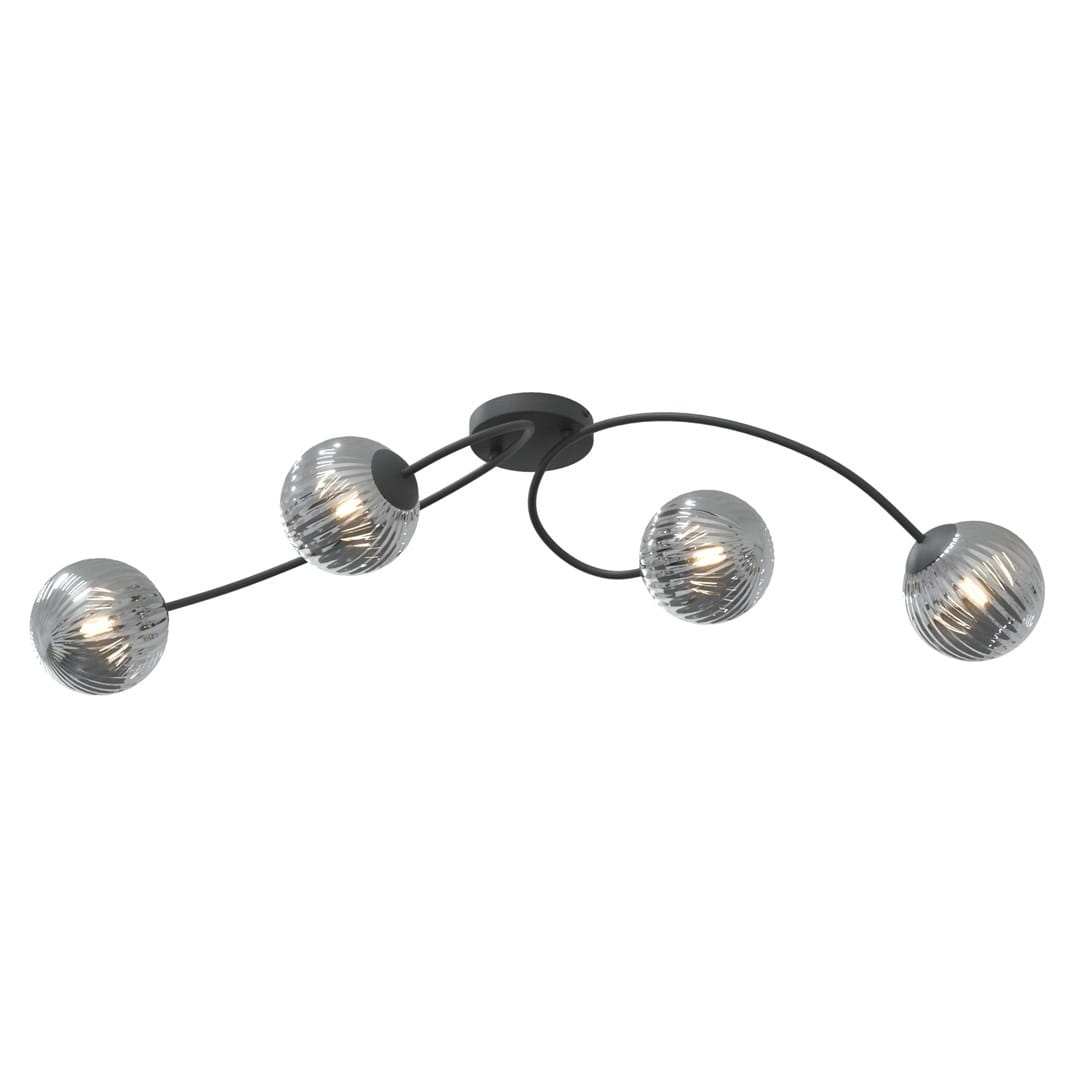 Lampa sufitowa Vibra z czarnym/grafitowym stelażem, posiadająca cztery uchwyty na żarówki E14. Szklane klosze w kształcie kul z fakturą, umieszczone na elastycznych ramionach, tworzą nowoczesny design. Ujęcie frontalne, na białym tle.