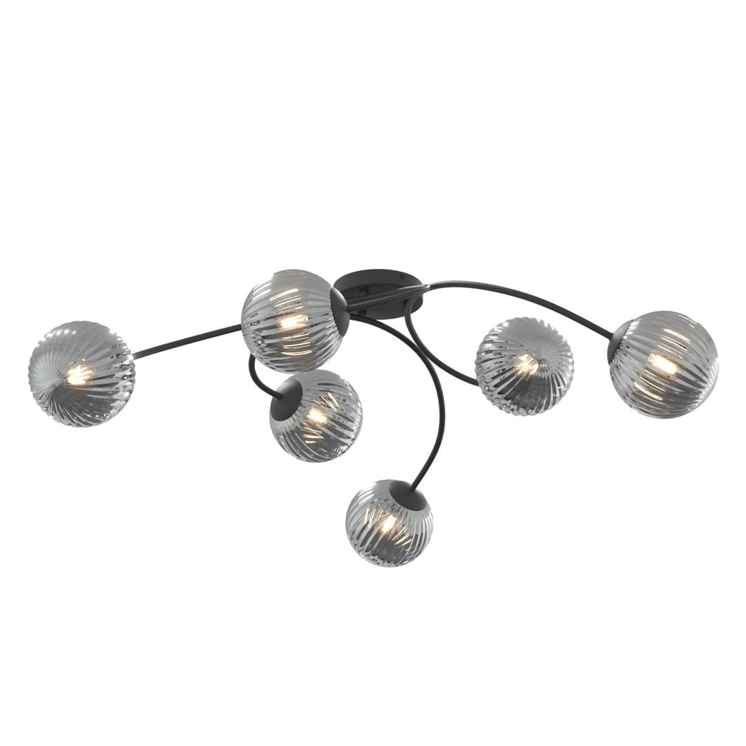 Lampa sufitowa Vibra z sześcioma oprawami E14 w kolorze czarnym i grafitowym. Posiada szklane klosze w kształcie kul z wyraźnym wzorem, umieszczone na elastycznych ramionach. Oświetlenie montowane na suficie, w nowoczesnym stylu.