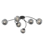 Lampa sufitowa Vibra z sześcioma oprawami E14 w kolorze czarnym i grafitowym. Posiada szklane klosze w kształcie kul z wyraźnym wzorem, umieszczone na elastycznych ramionach. Oświetlenie montowane na suficie, w nowoczesnym stylu.