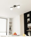 Lampa sufitowa Opus w kolorze czarnym z dwiema opalowymi kulami. Umieszczona na suficie w nowoczesnym pomieszczeniu. Widoczny minimalistyczny design, z delikatnymi, zakrzywionymi ramionami. Tło jasne z elementami drewnianymi i dekoracjami.
