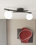 Lampa sufitowa Opus 2xE14 w kolorze czarnym z opalowymi kulami. Wyposażona w dwa okrągłe źródła światła zawieszone na eliptycznych ramionach. Zainstalowana na płaskim, okrągłym mocowaniu.