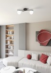 Lampa sufitowa Opus 2xE14 w kolorze czarnym z opalowymi kloszami, zamontowana na suficie. Posiada dwa okrągłe źródła światła, umieszczone na zakrzywionych ramionach. W tle widoczny nowoczesny salon z jasną kanapą i półkami.