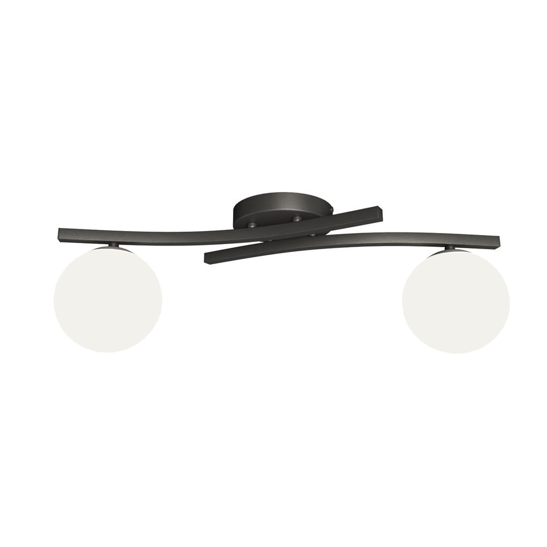 Lampa sufitowa Opus 2xE14 w kolorze czarnym z opalowymi kulami. Posiada dwie kuliste klosze zawieszone na stylowych, zakrzywionych ramionach. Ujęcie frontalne, montowana na suficie. Elegancki design, idealna do nowoczesnych wnętrz.