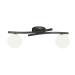 Lampa sufitowa Opus 2xE14 w kolorze czarnym z opalowymi kulami. Posiada dwie kuliste klosze zawieszone na stylowych, zakrzywionych ramionach. Ujęcie frontalne, montowana na suficie. Elegancki design, idealna do nowoczesnych wnętrz.