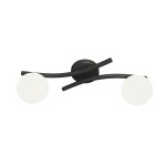 Lampa sufitowa Opus z dwoma źródłami światła E14, czarna obudowa z opalowymi kloszami. Produkt zamontowany na okrągłej bazie, z wygiętymi ramionami, ukazany z góry na białym tle.