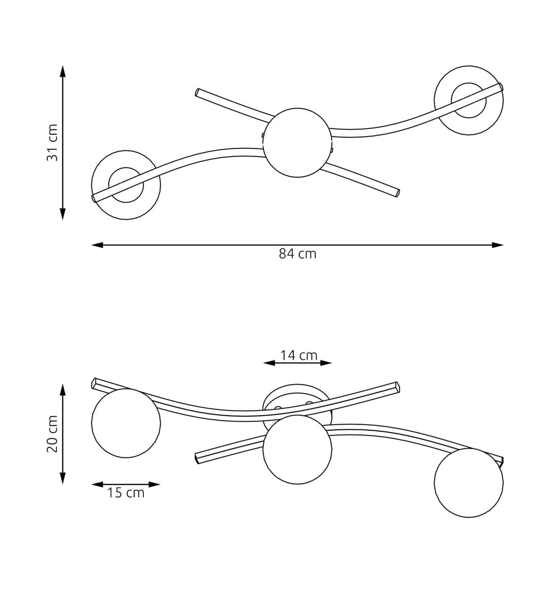 Czarna lampa sufitowa Opus z trzema opalowymi kloszami E14. Wymiary: długość 84 cm, wysokość 31 cm, szerokość 15 cm. Ułożenie na ścianie, z elastycznymi ramionami oraz okrągłymi kloszami, zapewnia nowoczesny design.