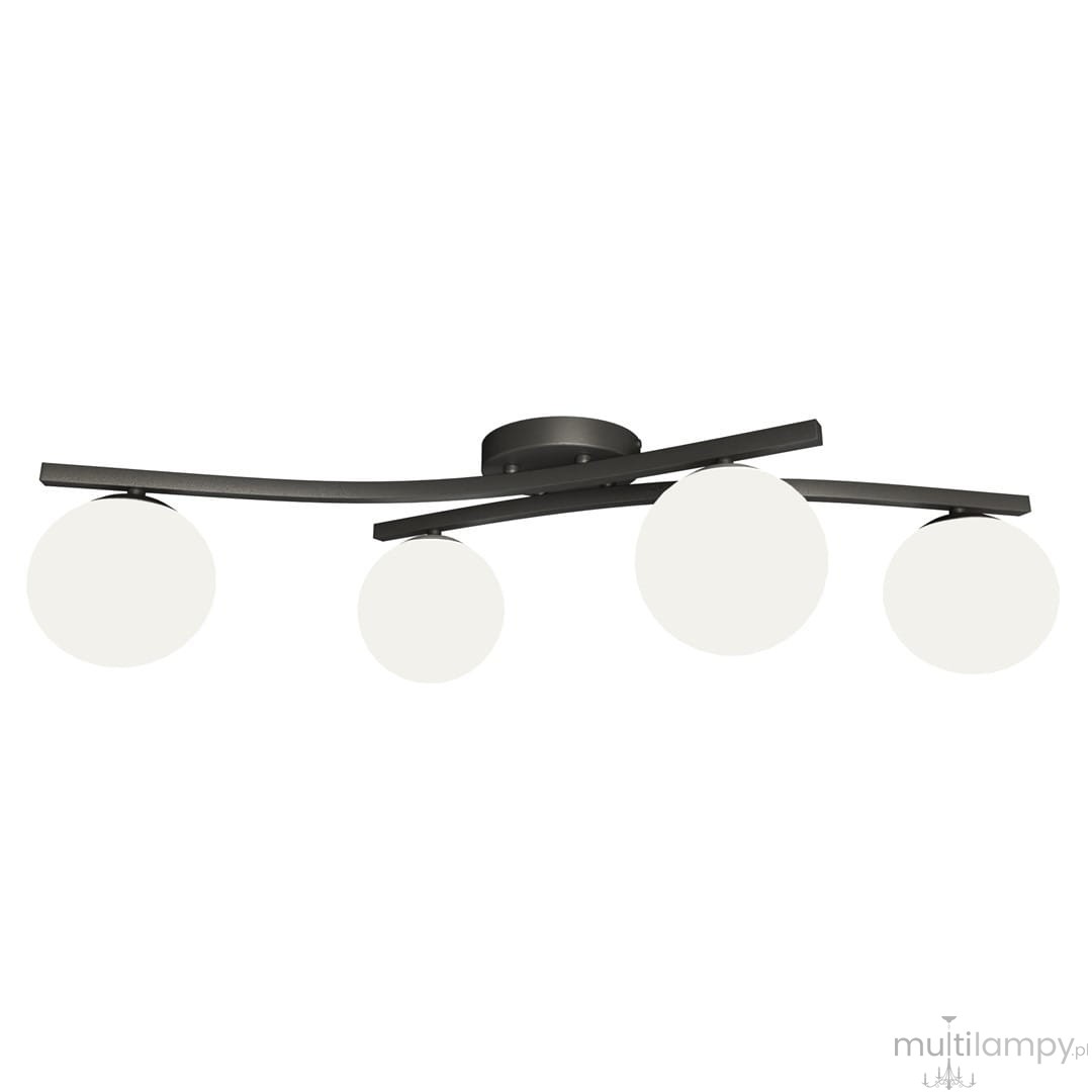 Lampa sufitowa Opus 4xE14 w kolorze czarnym z opalowymi kloszami. Cztery okrągłe klosze zawieszone na dwóch zakrzywionych ramionach, montowane do sufitu. Prosty, nowoczesny design na białym tle.
