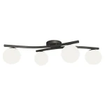 Lampa sufitowa Opus 4xE14 w kolorze czarnym z opalowymi kloszami. Cztery okrągłe klosze zawieszone na dwóch zakrzywionych ramionach, montowane do sufitu. Prosty, nowoczesny design na białym tle.