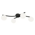 Lampa sufitowa Opus 4xE14 w kolorze czarnym, z czterema opalowymi kulami. Produkt zamontowany na suficie, z lekko zakrzywionymi ramionami. Prosty, nowoczesny design, idealny do różnych aranżacji wnętrz.