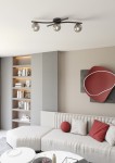 Lampa sufitowa Opus 3xE14 w kolorze czarnym i grafitowym, z trzema szklanymi kloszami o zaokrąglonym kształcie, zamontowana na suficie w nowoczesnym wnętrzu. Widoczna w aranżacji z kanapą i regałem.
