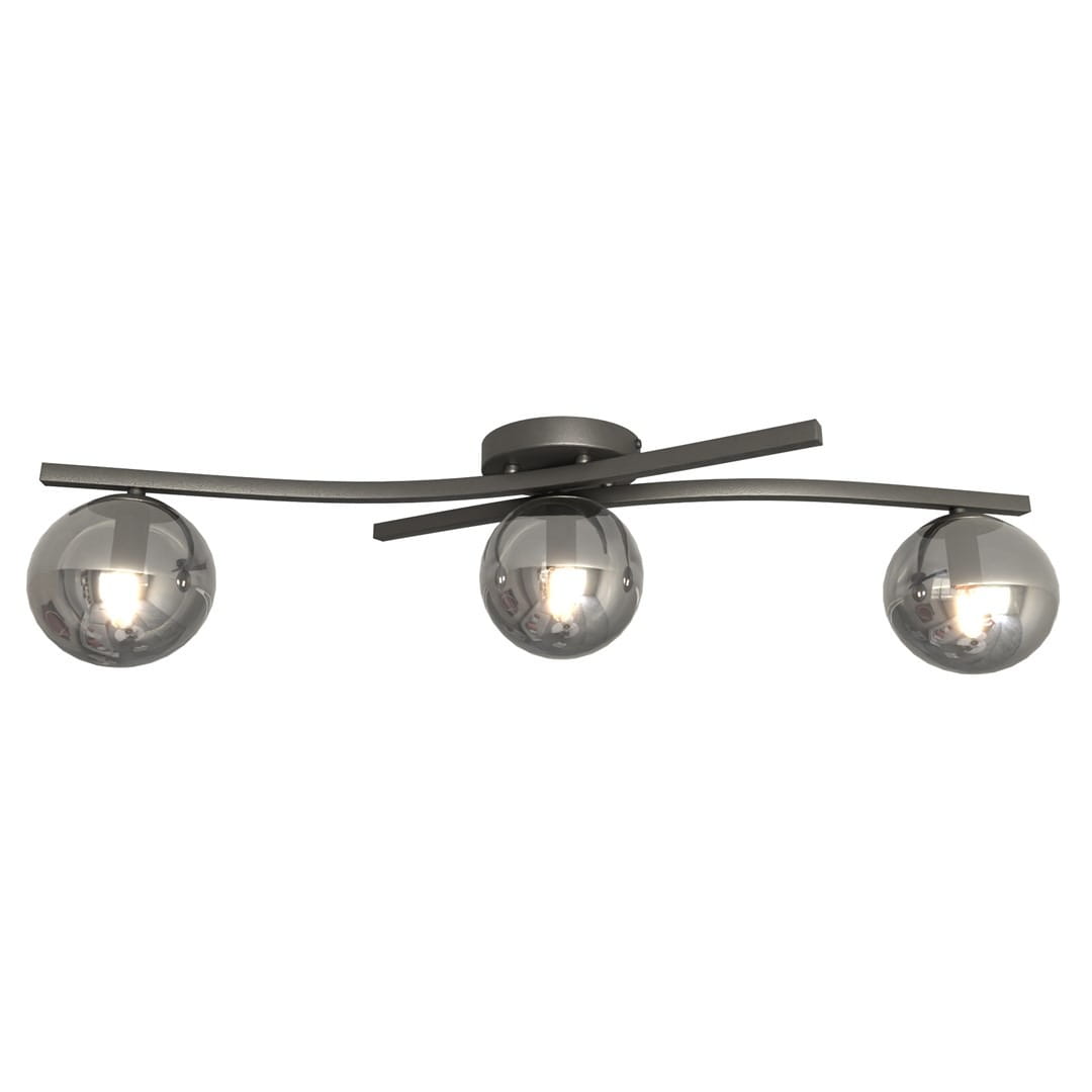 Lampa sufitowa Opus z trzema oprawami E14, w kolorze czarno-grafitowym. Posiada zaokrąglone klosze w odcieniu szarym, zamontowana na eleganckiej, płaskiej podstawie i wygiętych ramionach, prezentująca nowoczesny design.