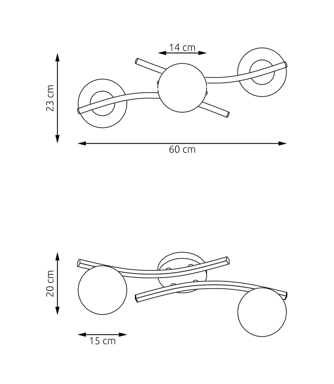 Lampa sufitowa Opus 2xE14 w kolorze białym z opalowymi kloszami. Wymiary: długość 60 cm, wysokość 23 cm, szerokość 14 cm. Kształt z dwoma okrągłymi kloszami zamocowanymi na falujących ramionach. Ujęcie z boku, prezentujące detale konstrukcji.