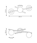 Lampa sufitowa Opus 2xE14 w kolorze białym z opalowymi kloszami. Wymiary: długość 60 cm, wysokość 23 cm, szerokość 14 cm. Kształt z dwoma okrągłymi kloszami zamocowanymi na falujących ramionach. Ujęcie z boku, prezentujące detale konstrukcji.