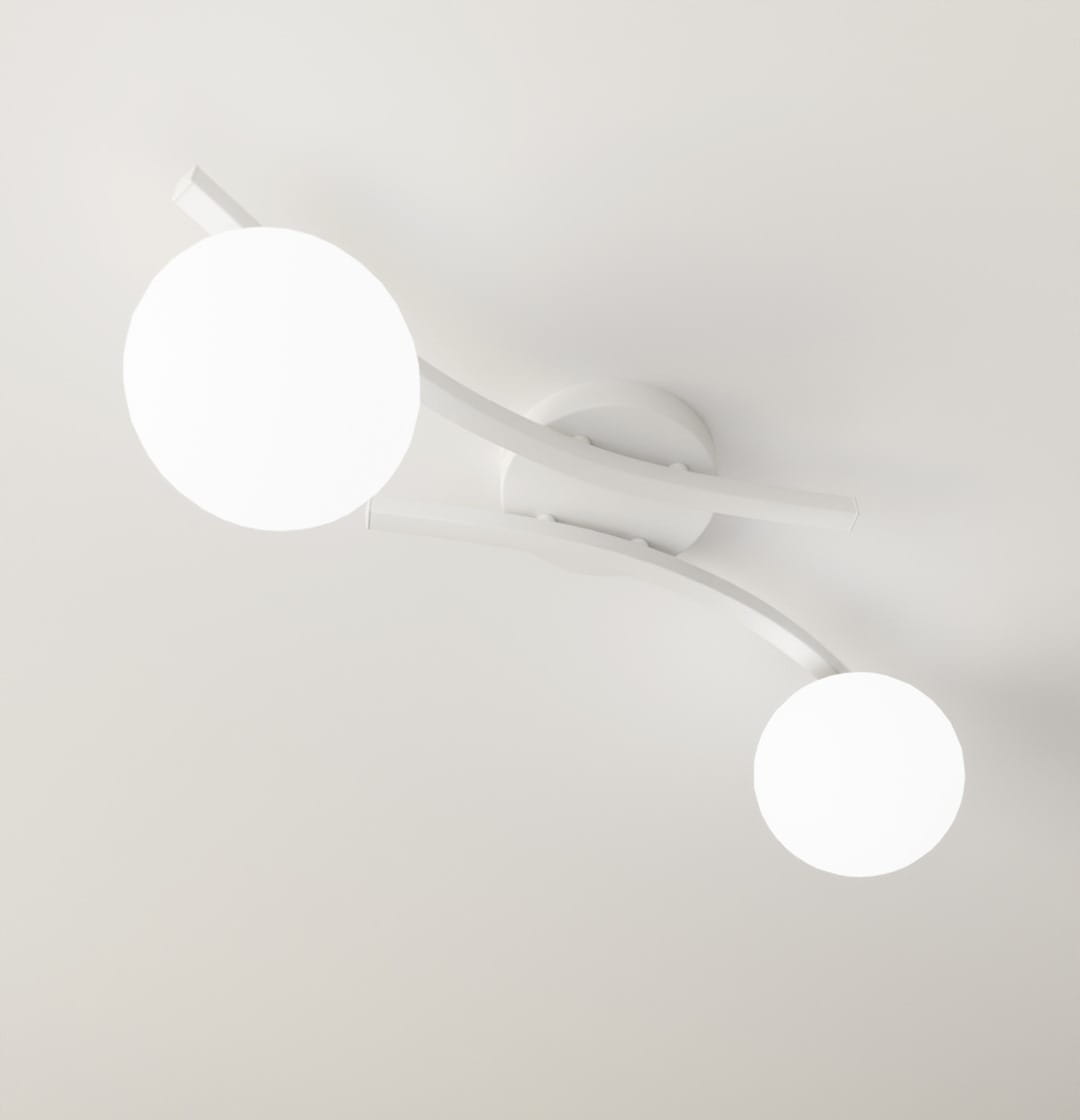 Biała lampa sufitowa Opus z dwoma okrągłymi, opalowymi kloszami. Ułożona na suficie, z delikatnymi, zakrzywionymi ramionami. Klosze emitują miękkie światło, tworząc nowoczesny akcent w aranżacji wnętrza.