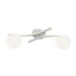 Lampa sufitowa Opus z dwoma oprawami na żarówki E14. Biała konstrukcja z opalowymi kloszami w kształcie kul. Ułożona w poziomie, z delikatnymi, zakrzywionymi ramionami. Proste tło podkreśla nowoczesny design.