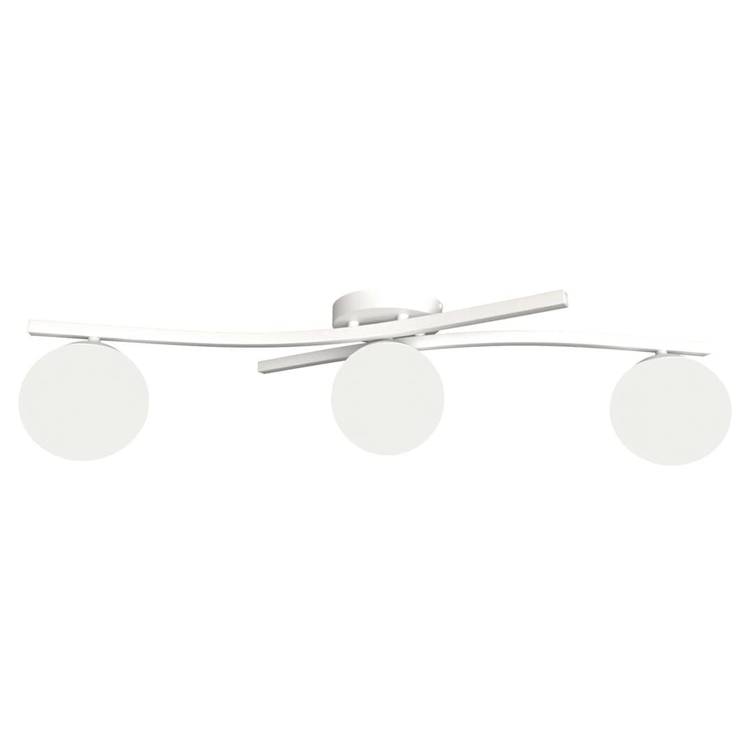Lampa sufitowa Opus z trzema oprawami E14 w białym kolorze, z opalowymi kloszami w kształcie okręgów. Produkt ma nowoczesny kształt z płaskimi, prostymi elementami metalowymi, zamontowany na płaskim, okrągłym mocowaniu.